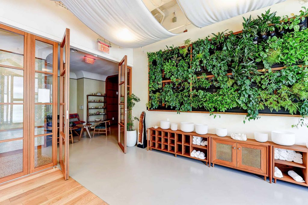 A modern, inviting interior space featuring wooden-framed double swinging doors opening into a cozy seating area with mid-century style chairs and a small table. A vibrant green wall with lush plants adds a natural touch on the right, complemented by wooden storage units with cubbies filled with neatly rolled white towels and decorative bowls on top. A flowing white fabric canopy on the ceiling softens the lighting, creating a warm and calming ambiance.