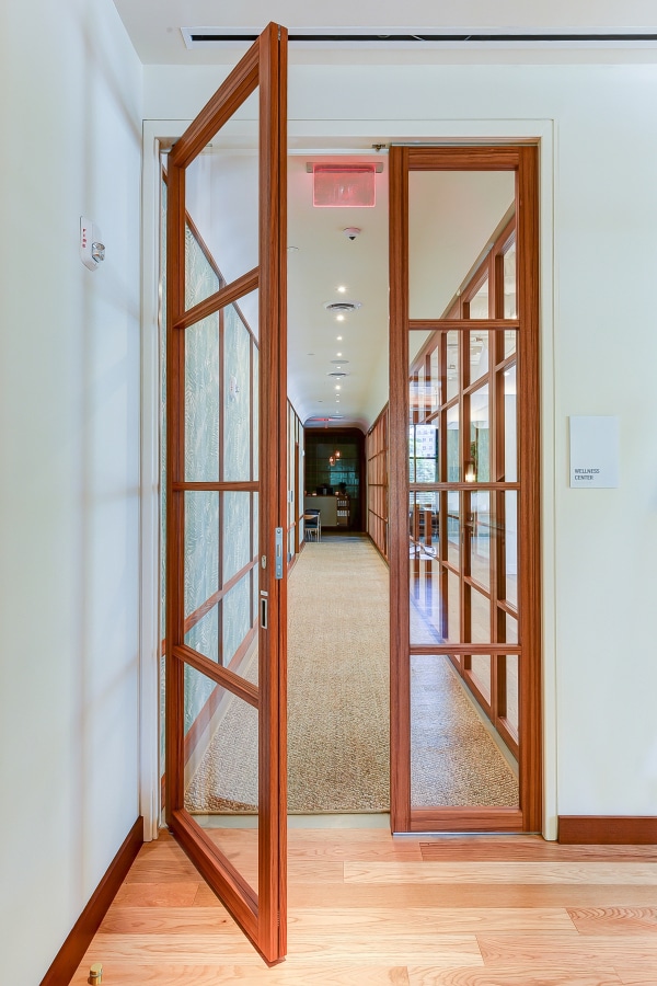 Swinging doors opened into a hallway
